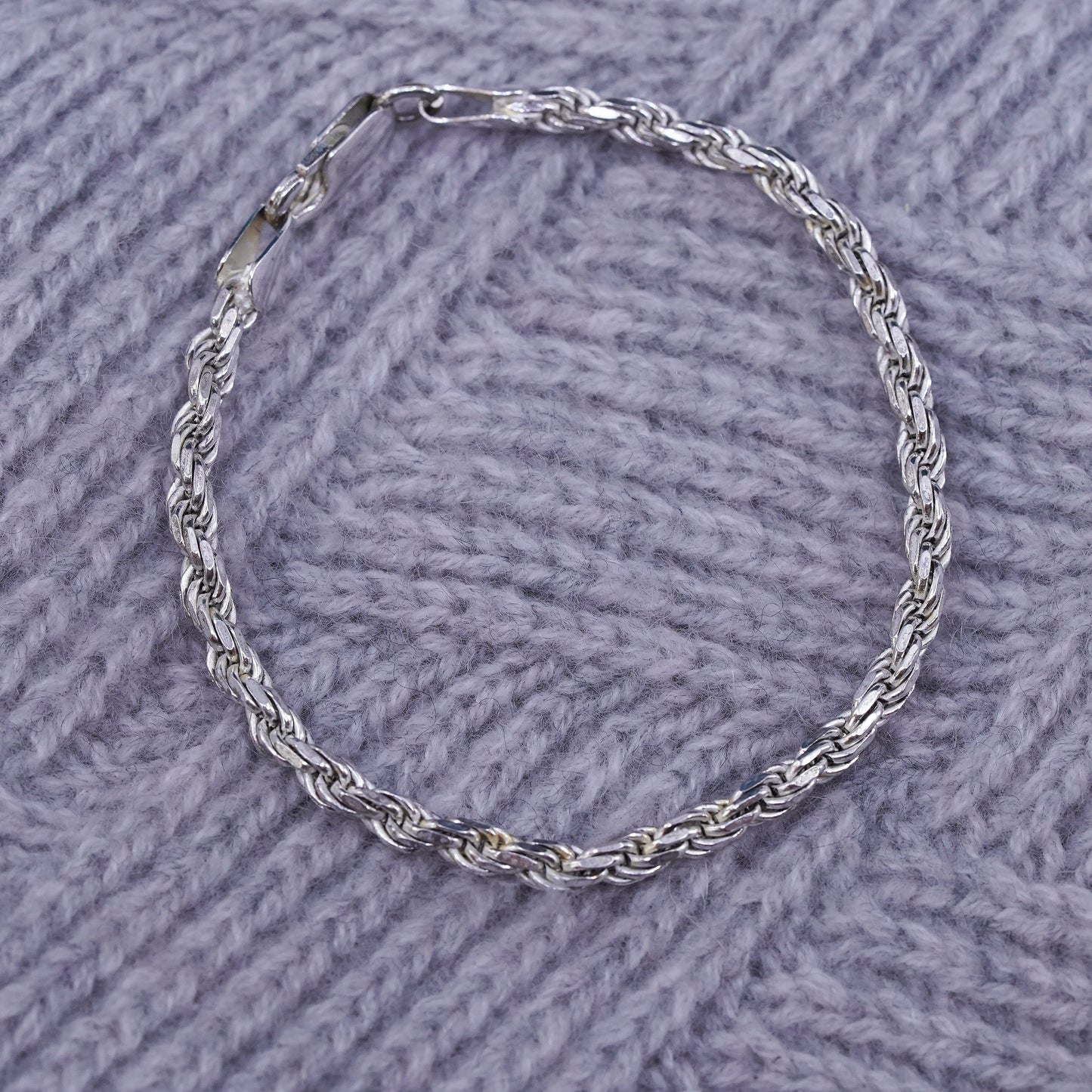 6.75", 4mm, vintage sterling silver handmade bracelet, 925 diamond rope chain