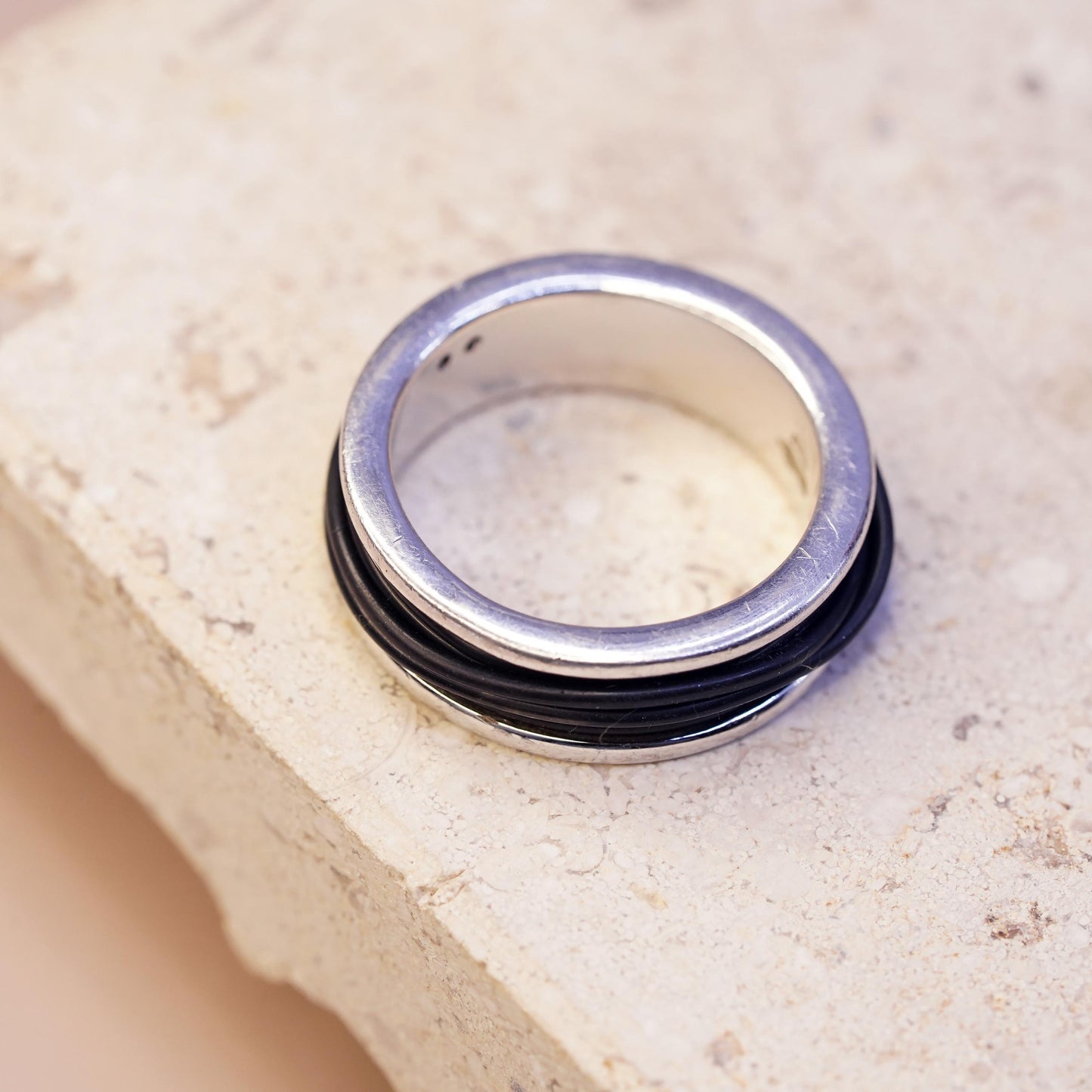Size 7.25, vintage Italian sterling silver ring, 925 silver band black leather