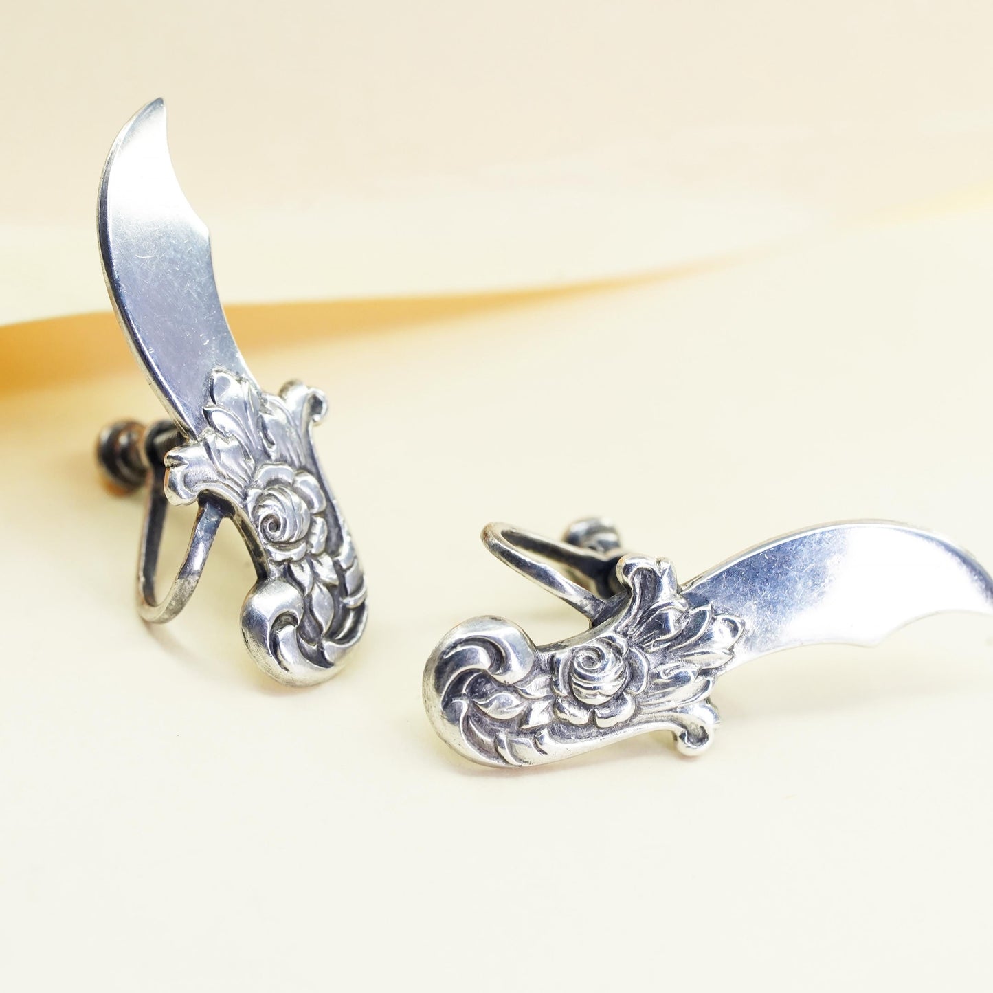 Vintage Sterling silver handmade earrings, 925 screw back daggers