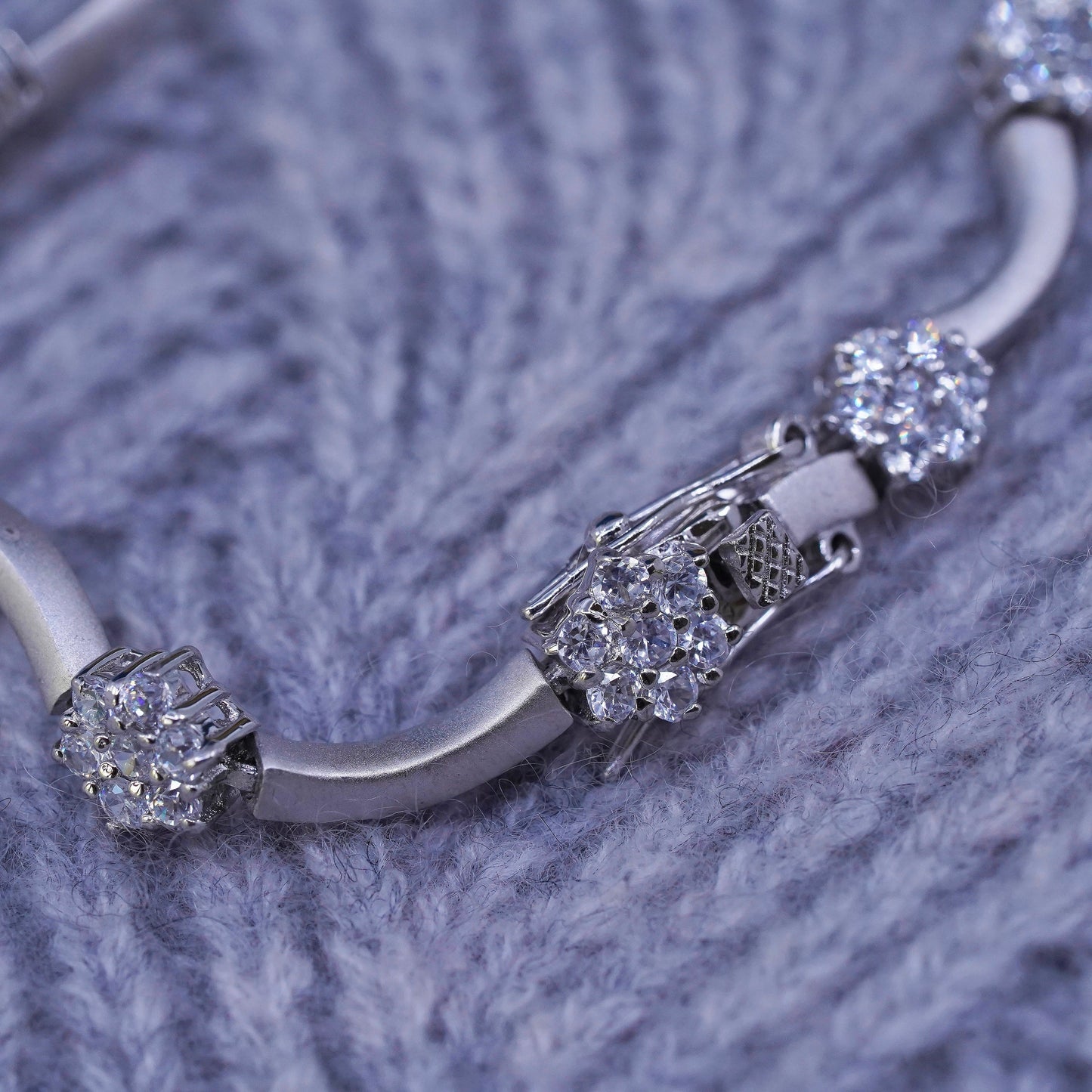 7”, vintage matte sterling 925 silver tennis bracelet with Cz flower details