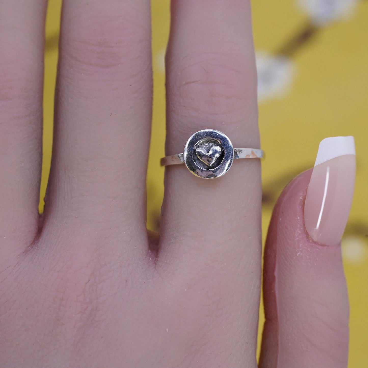 Size 6.75, Vintage sterling silver handmade ring, heart 925 stackable band