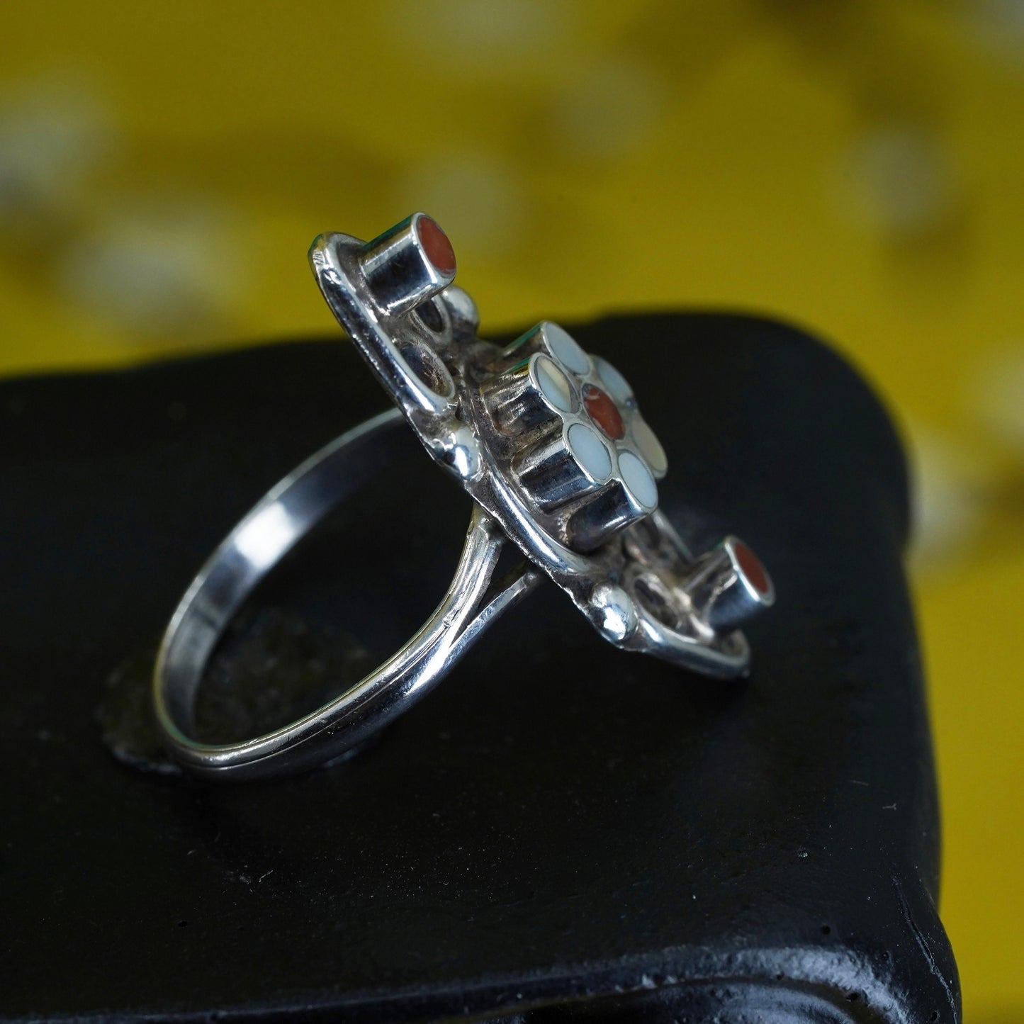 sz 5.5, Sterling silver floral ring red coral mother of Pearl, Native American