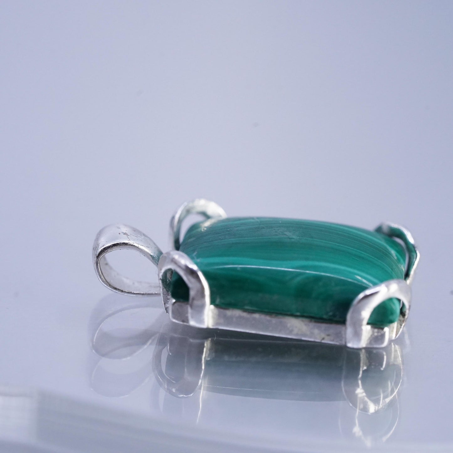 Vintage sterling 925 silver handmade rectangular pendant with malachite