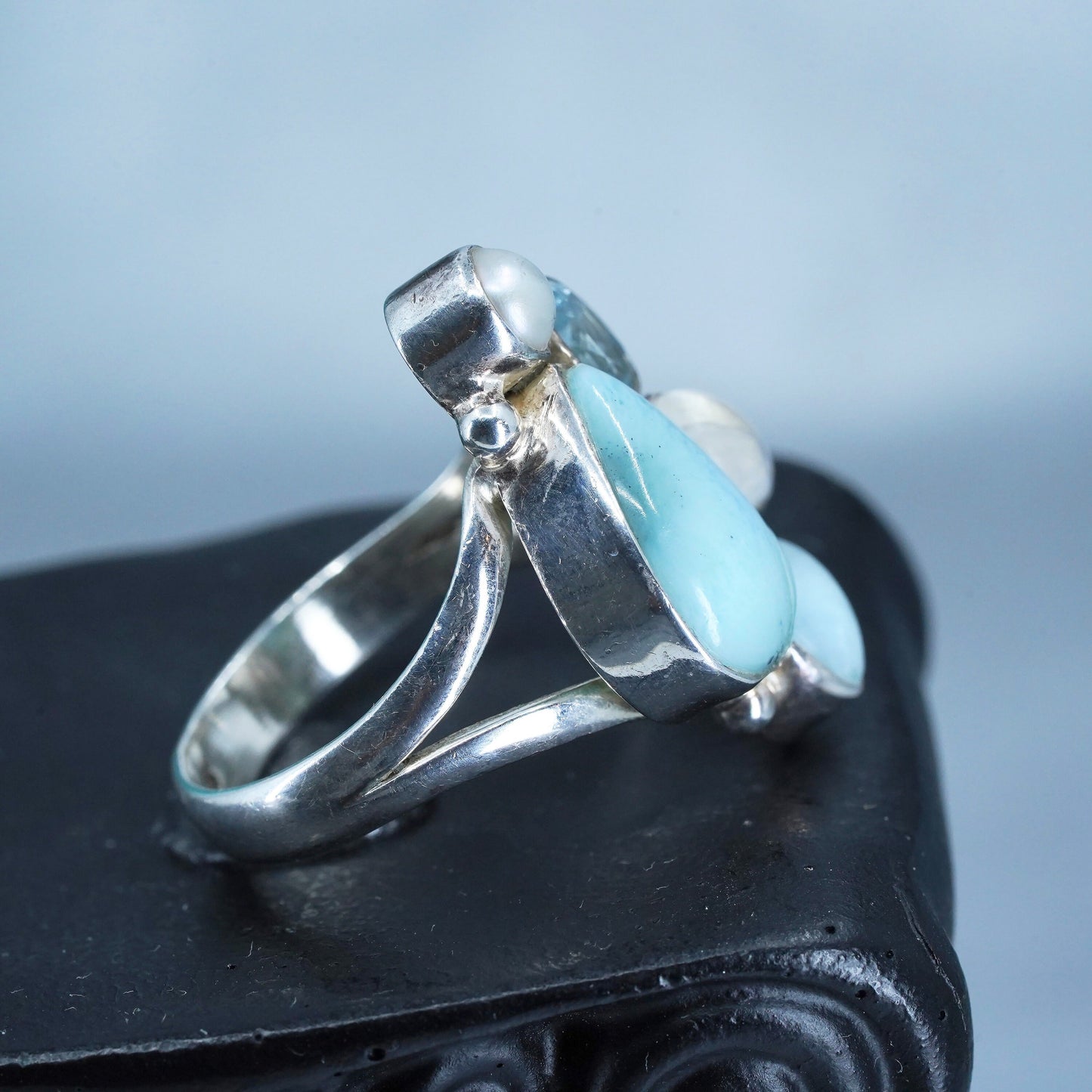 Size 8.75, vintage Sterling 925 silver ring with Larimar, moonstone and pearl