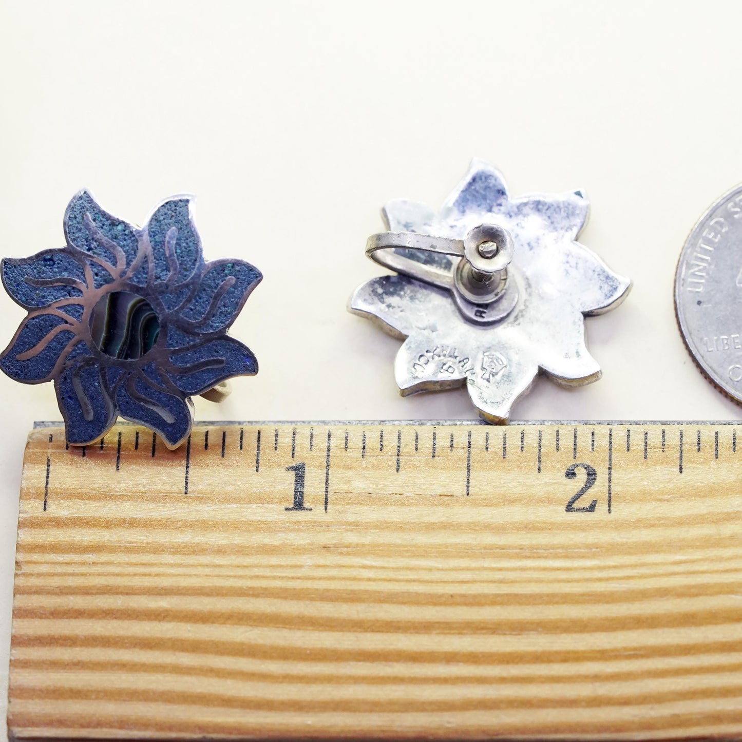 Taxco Hecho En Sterling silver flower earrings, 925 screw back sodalite abalone