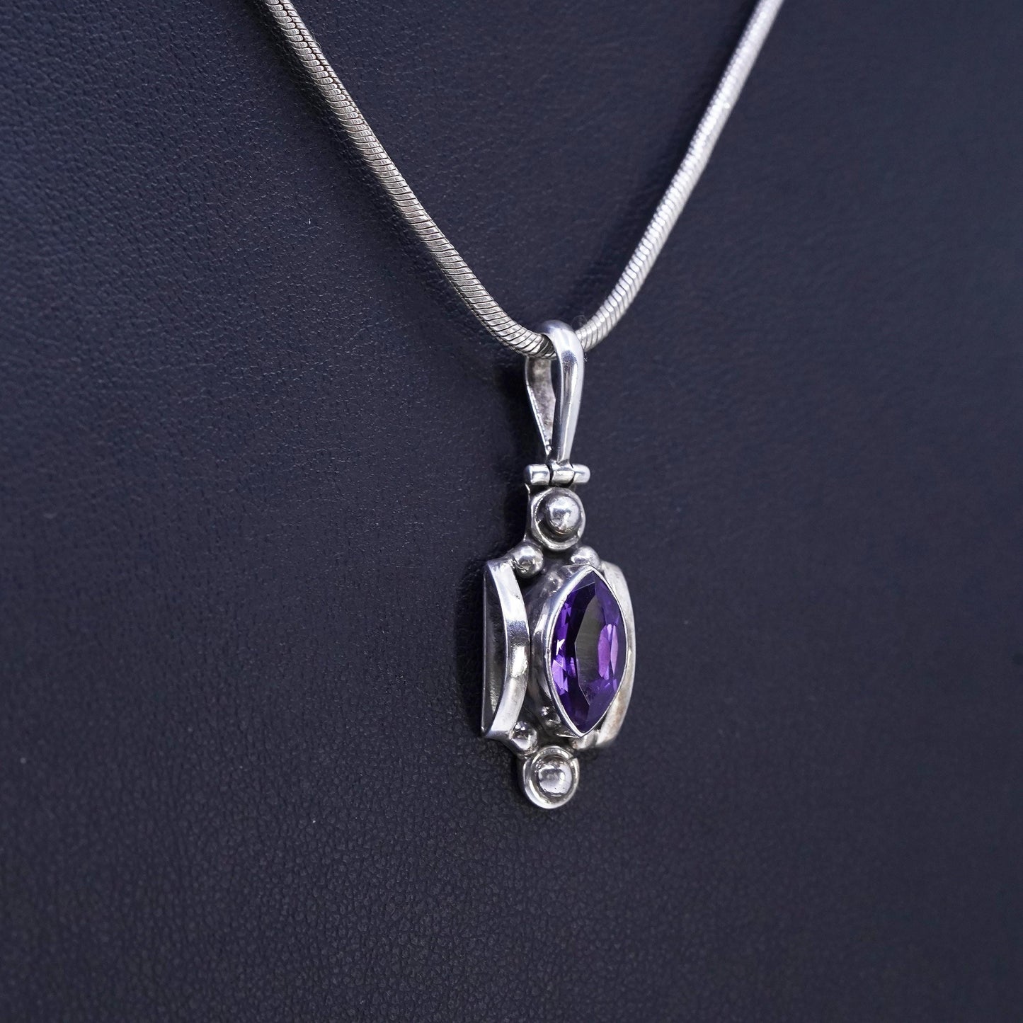 16", vintage Italian Sterling 925 silver snake chain necklace amethyst pendant