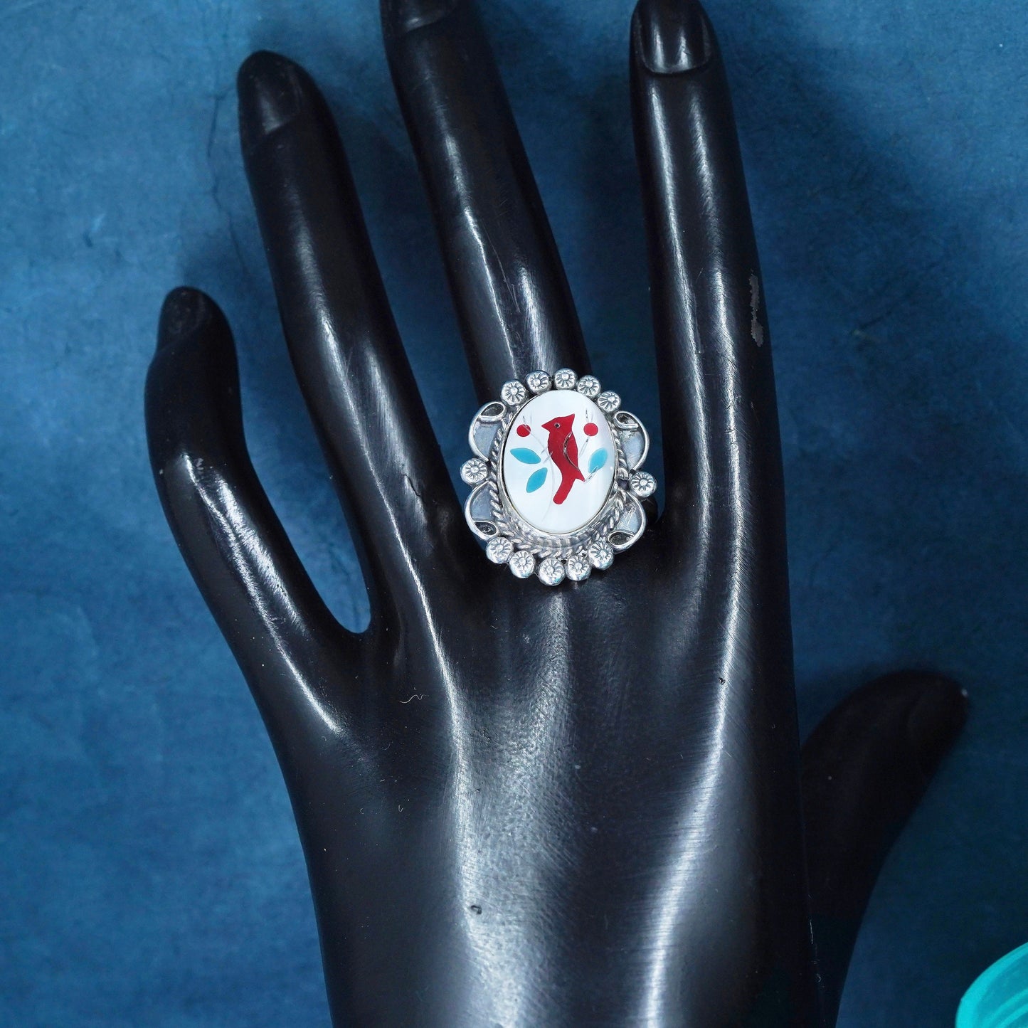 Size 10, southwestern Sterling 925 silver ring band carved MOP and red bird