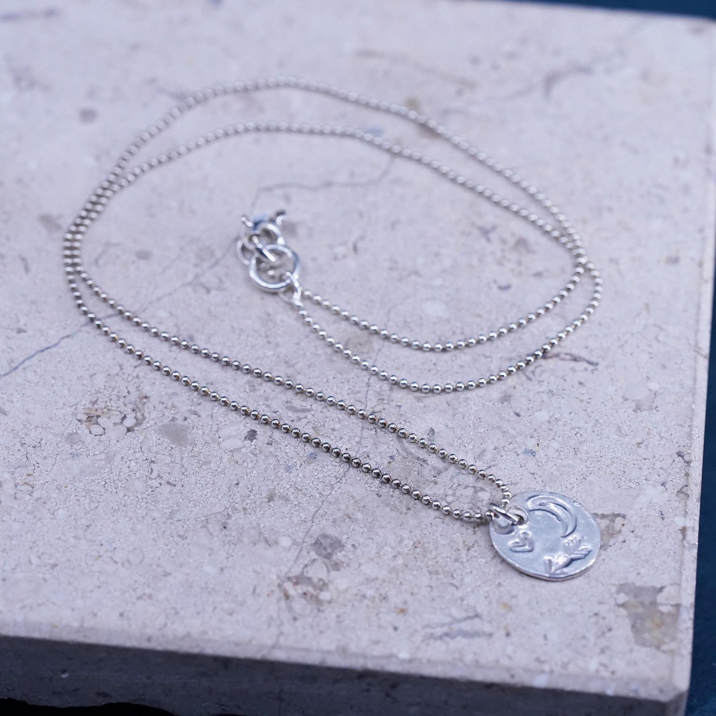 16", vintage Sterling silver necklace, 925 bead chain tag moon heart pendant