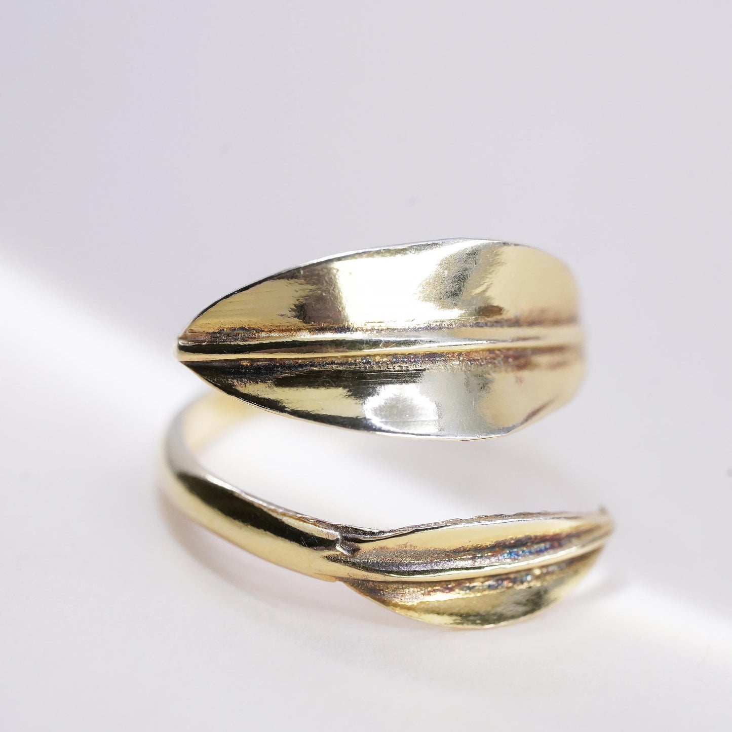 Size adjustable, Yellow Gold Plated sterling silver ring, 925 leaf wrap band