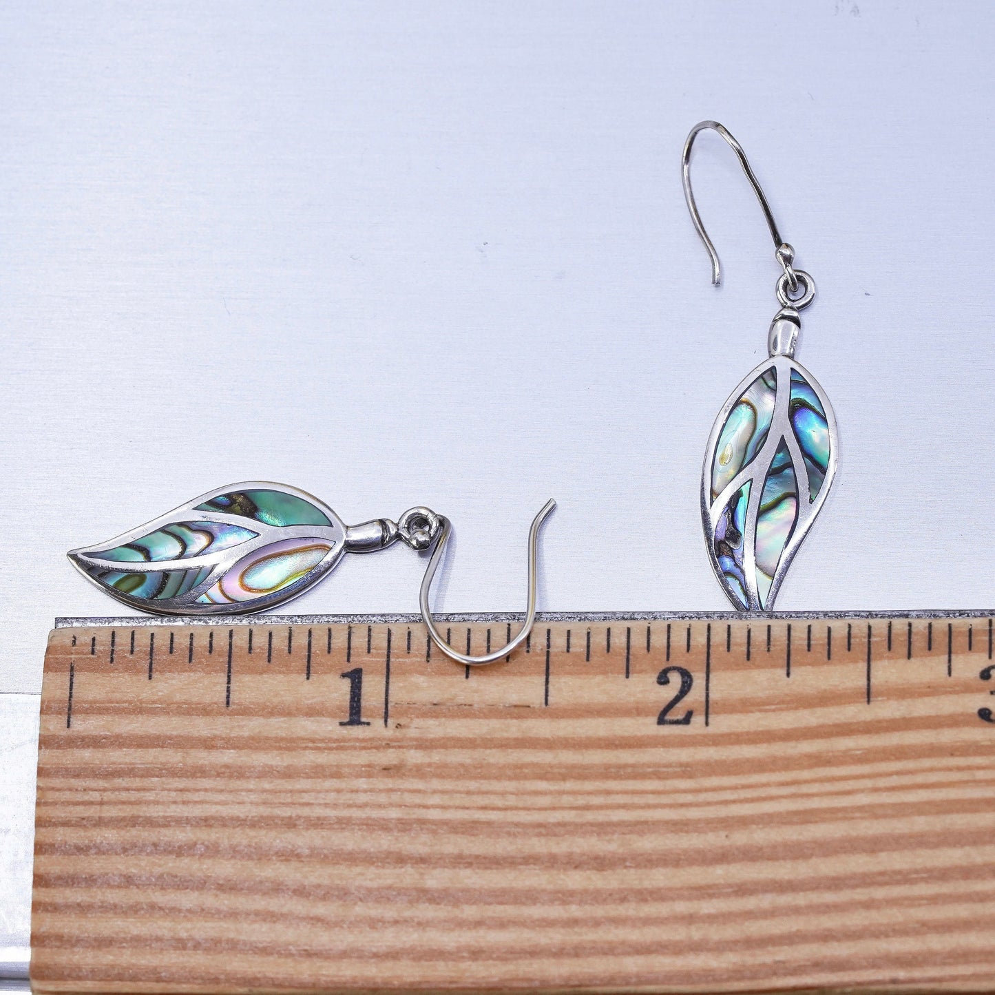 Vintage Sterling 925 silver handmade leaf earrings with abalone inlay
