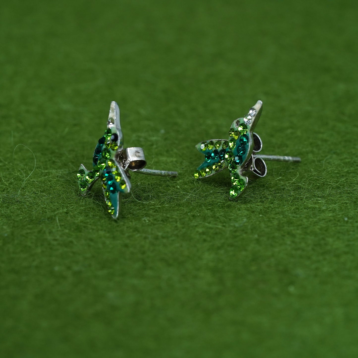 Vintage sterling silver hummingbird studs, 925 bird earrings with green crystal
