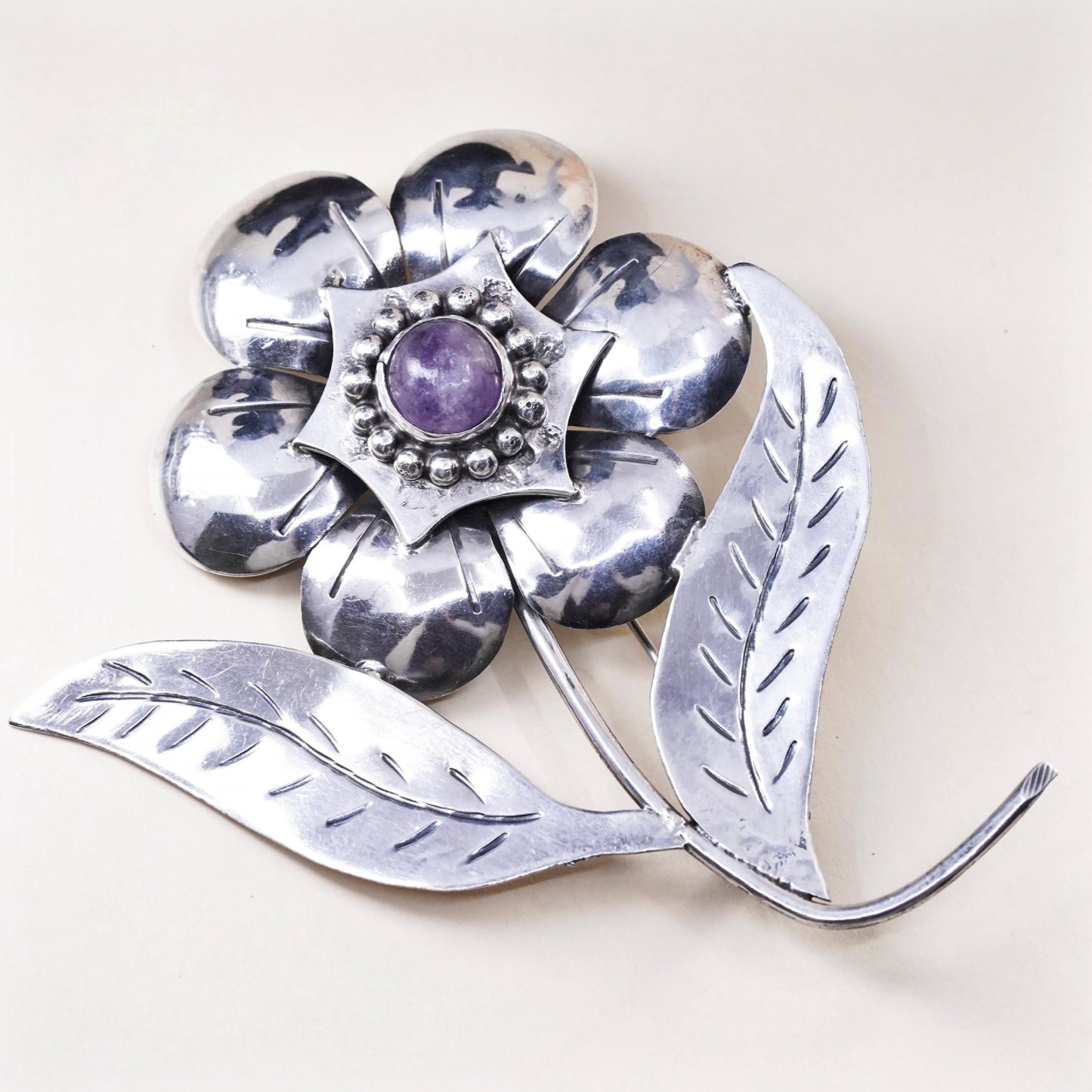 Vintage sterling silver handmade brooch, huge 925 flower pin with amethyst