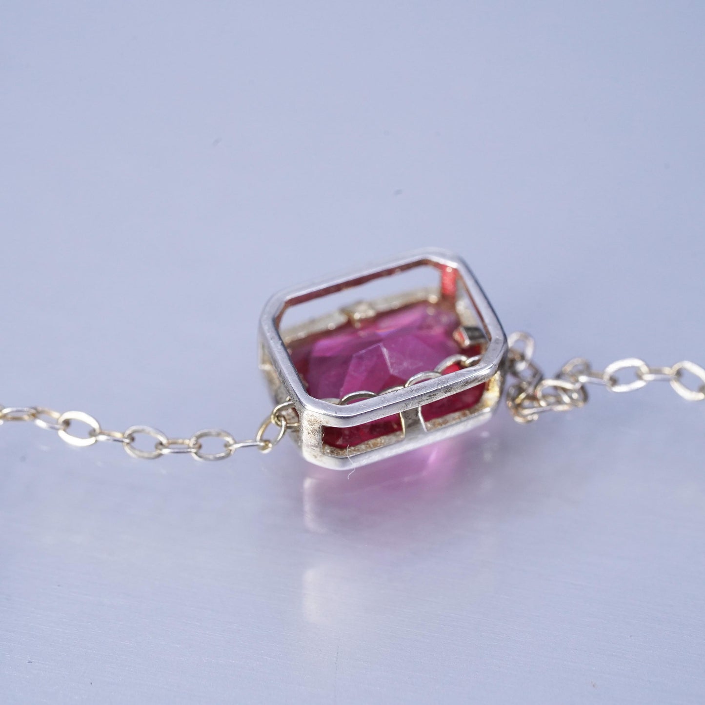 16+2”, vintage Sterling 925 silver flatten circle necklace with pendant pink Cz