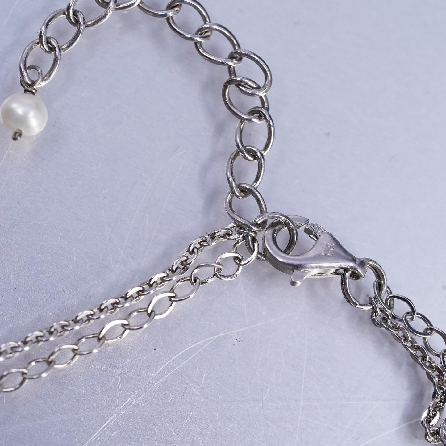14+2” double strands Sterling 935 silver necklace cluster pearl quartz pendant