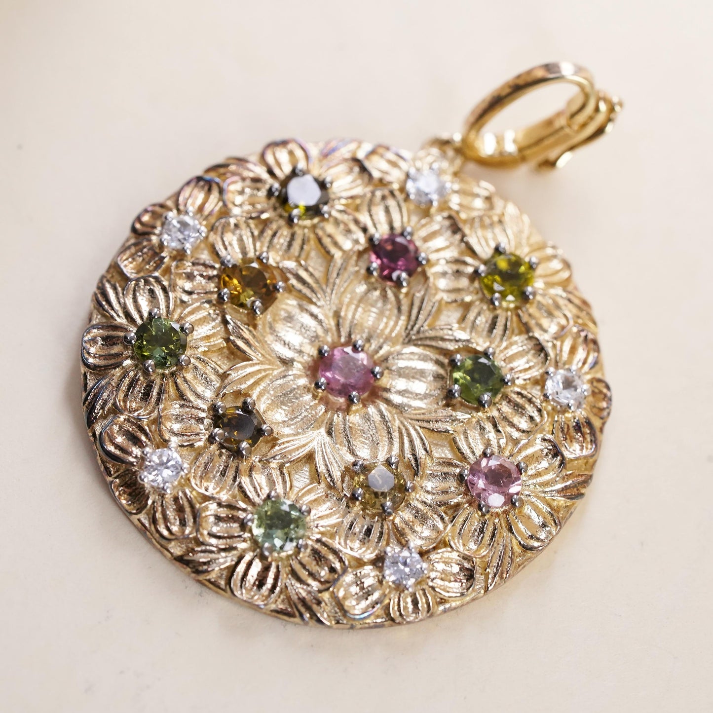 Vintage gold plated Sterling 925 silver textured flower pendant multi gemstones