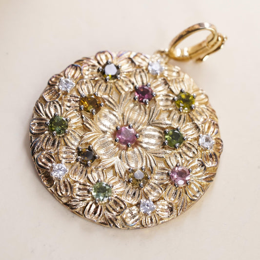 Vintage gold plated Sterling 925 silver textured flower pendant multi gemstones