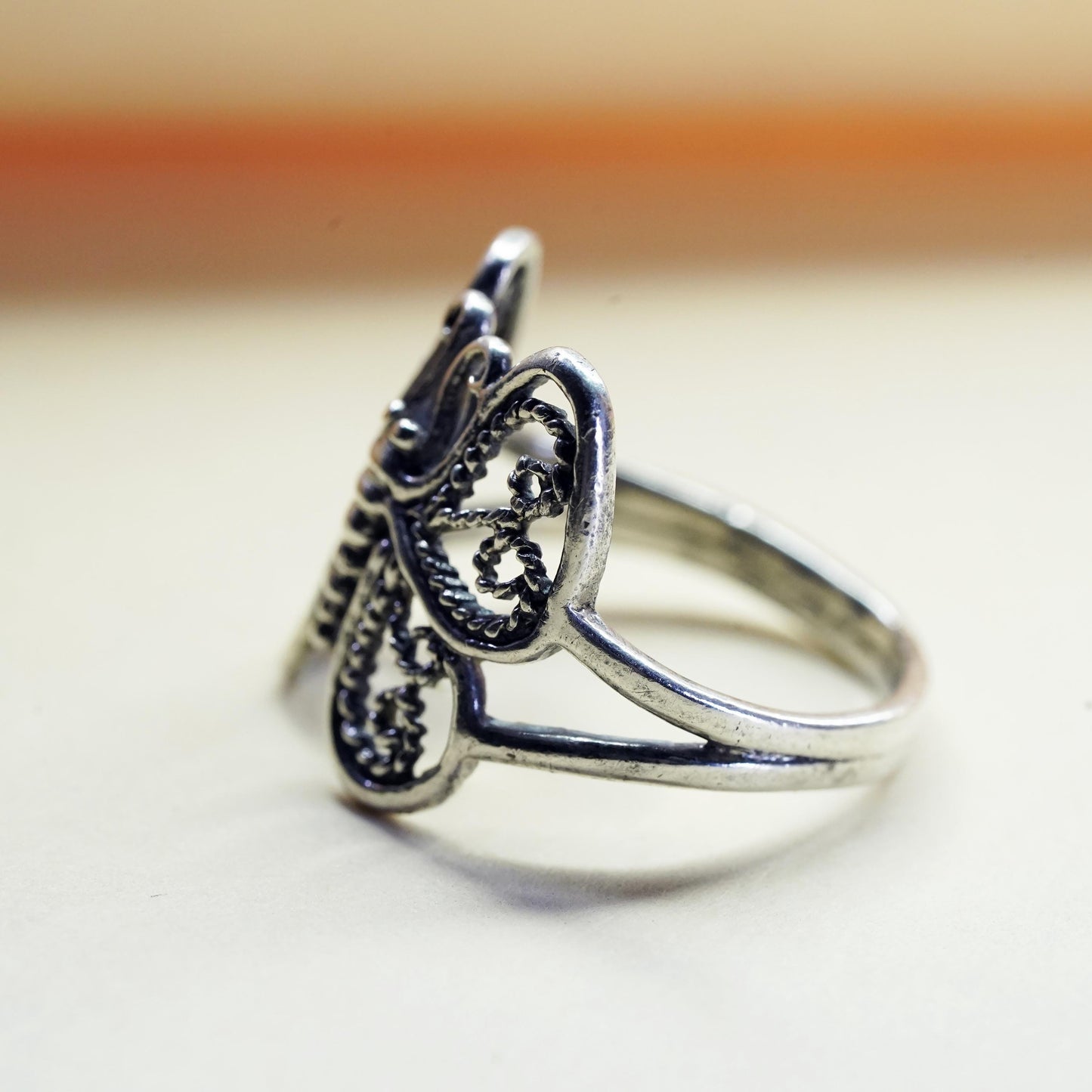 Size 7.25, vintage Sterling silver handmade ring, 925 filigree butterfly band