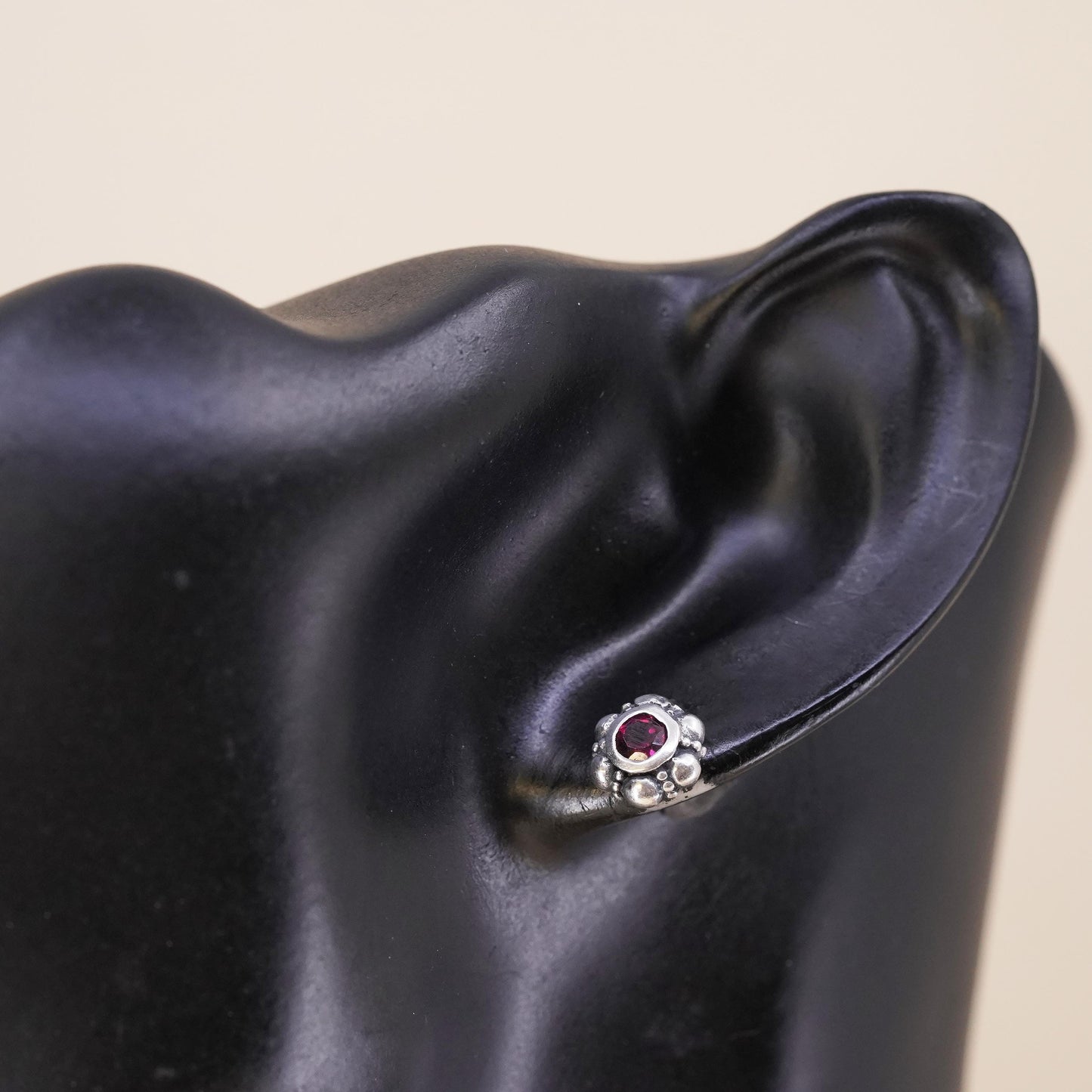 Vintage handmade single earring. Sterling 925 silver stud with garnet