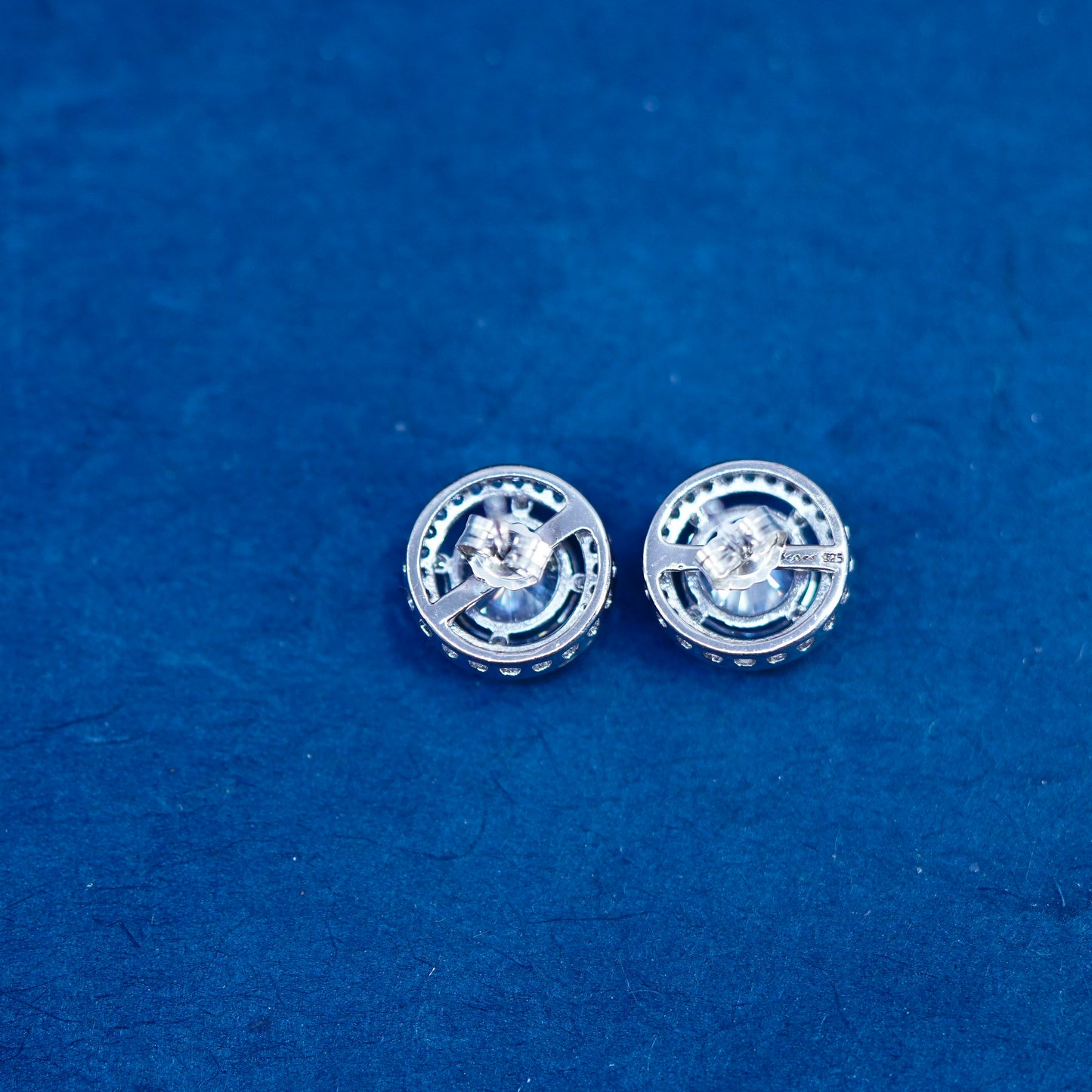 Vintage sterling silver handmade earrings, 925 round studs with CZ inlay