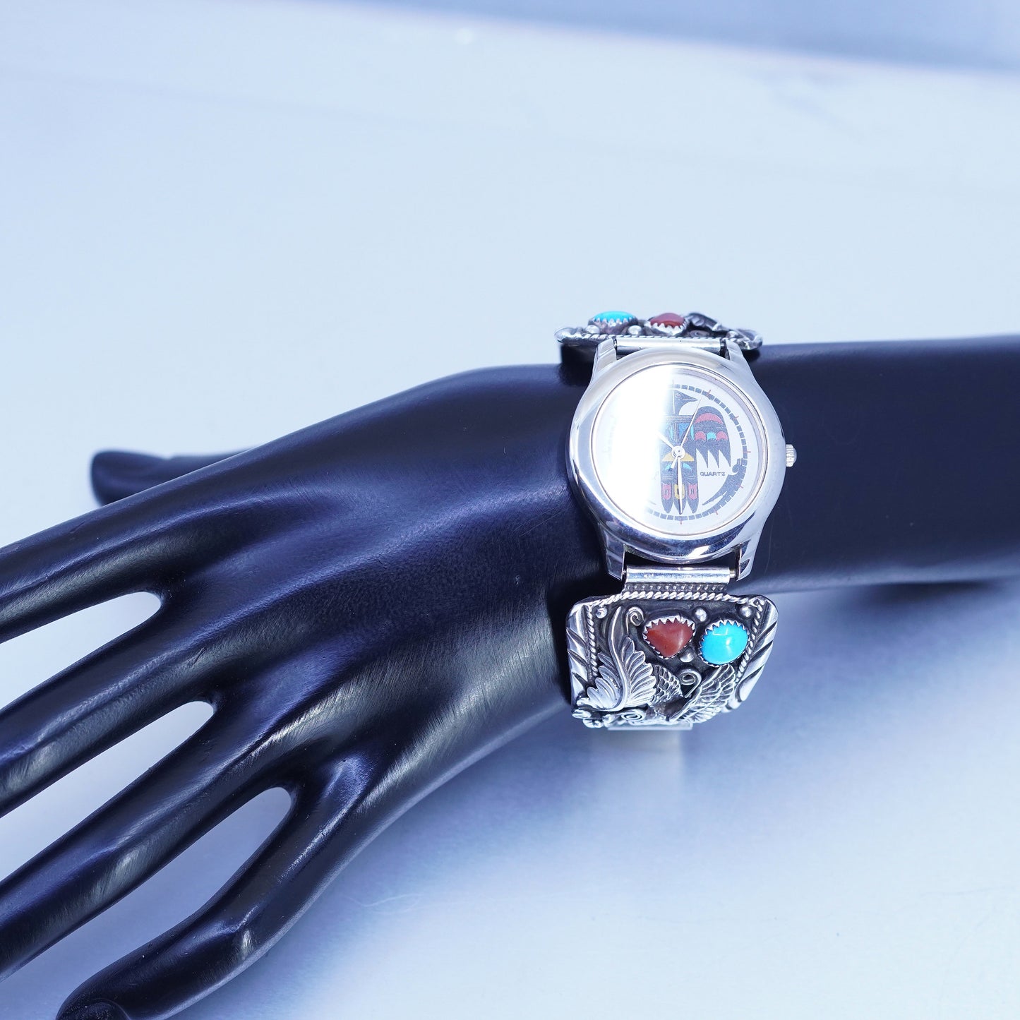 7”, Navajo Quartz Watch Sterling 925 silver eagle turquoise coral thunderbird