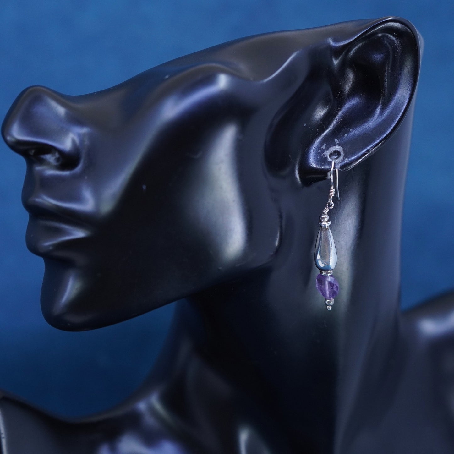 Vintage sterling 925 silver handmade teardrop earrings with amethyst