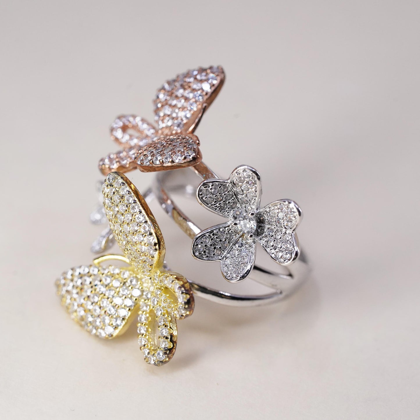 Size 9, Vintage sterling silver handmade statement butterfly ring cluster cz