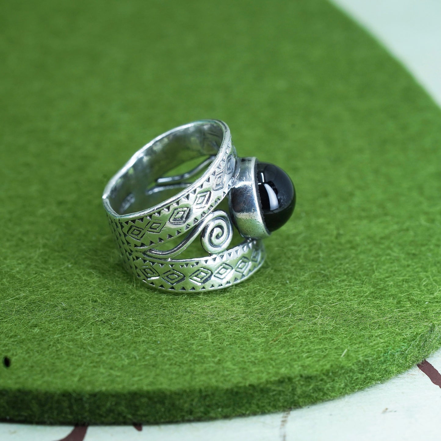 Size 7, sterling silver handmade ring, Mexico 925 ring with round obsidian