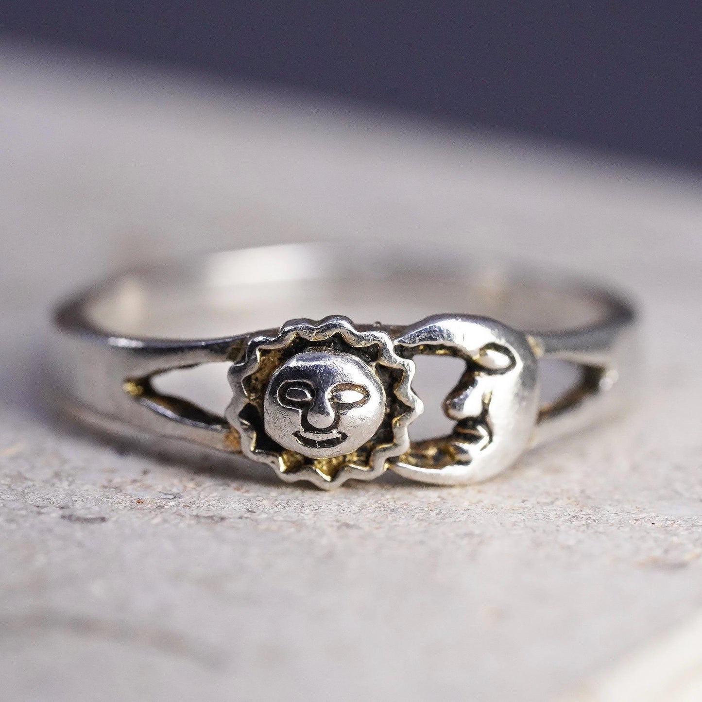 Size 7.75, vintage Sterling silver handmade ring, 925 sun moon face band