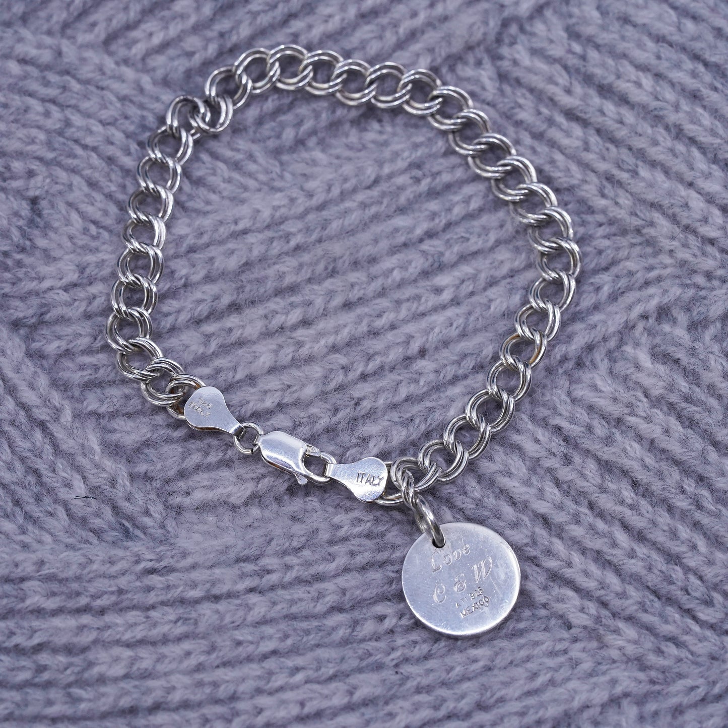 7.25" Sterling silver handmade bracelet, 925 double curb chain circle charm K