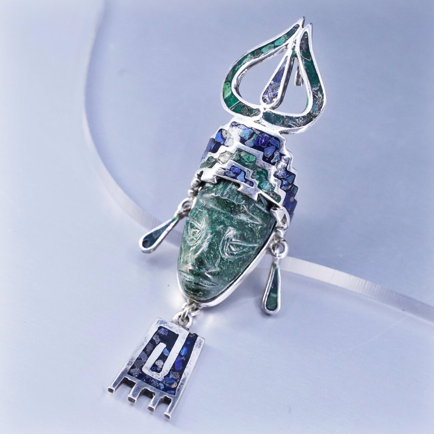 Vintage 1940s TS-30 Taxco Mexican Sterling Silver Tribal Face Jade Brooch & Pendant