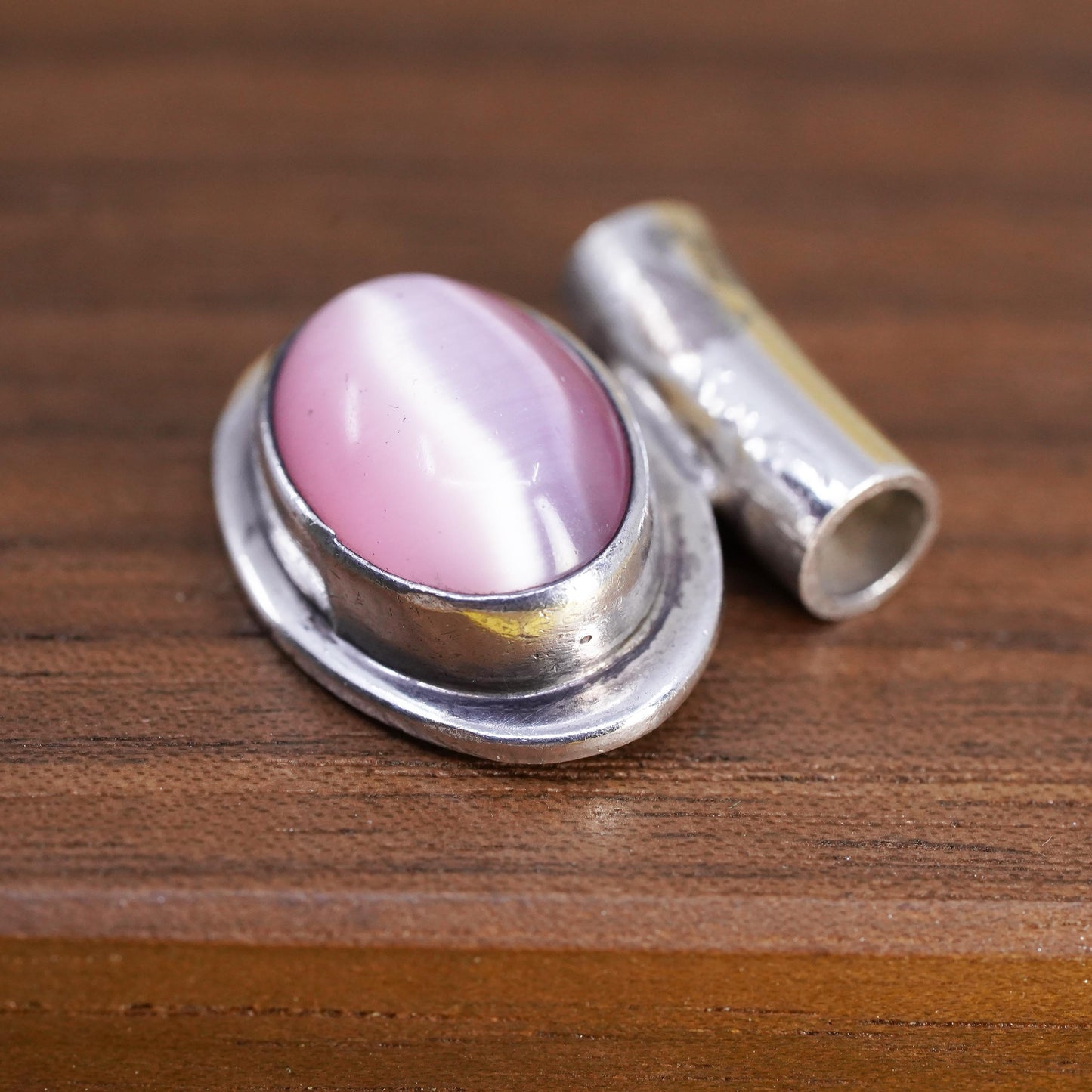 Vintage Mexican Sterling 925 silver handmade pendant pink cat’s eye pendant