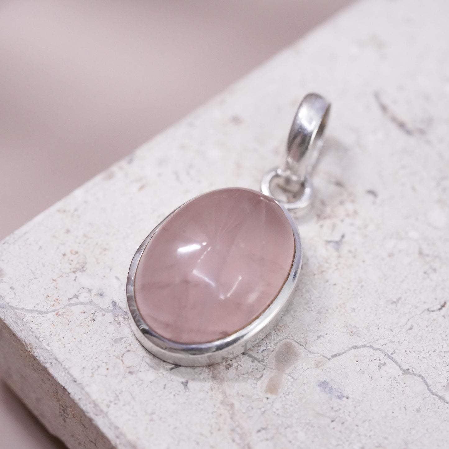 Vintage designer Sajen sterling silver 925 handmade pendant rose pink Quartz
