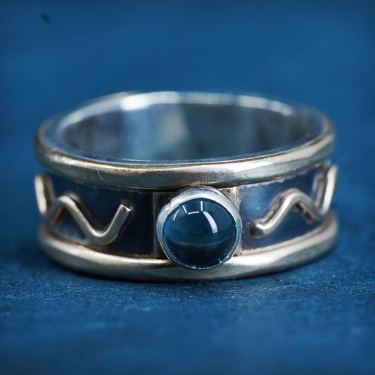 Size 5.75, two tone sterling silver band with blue crystal wavy lines, 925 ring
