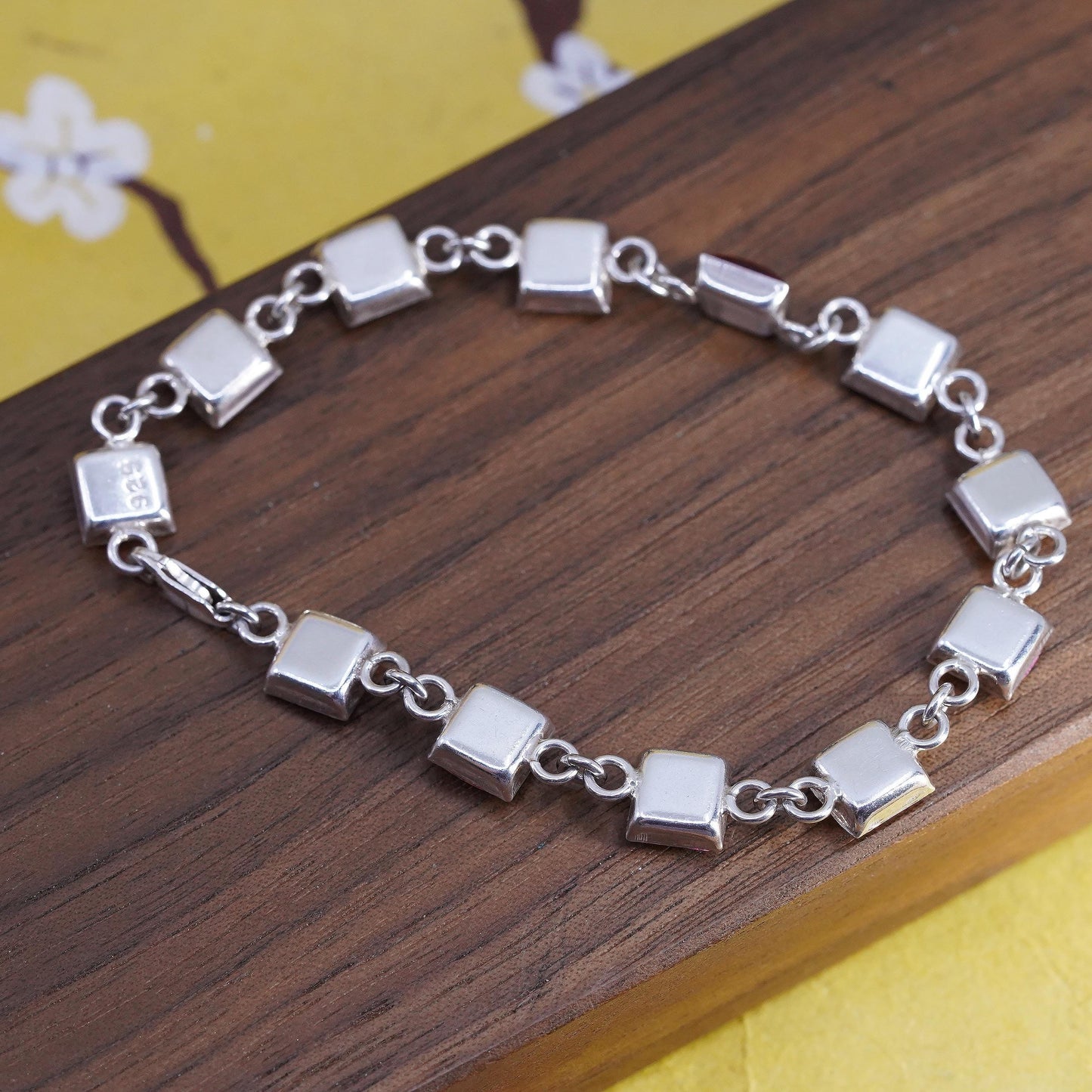 7.5", Sterling Silver Pressed Flower Bracelet, Botanical Resin Link chain, Red