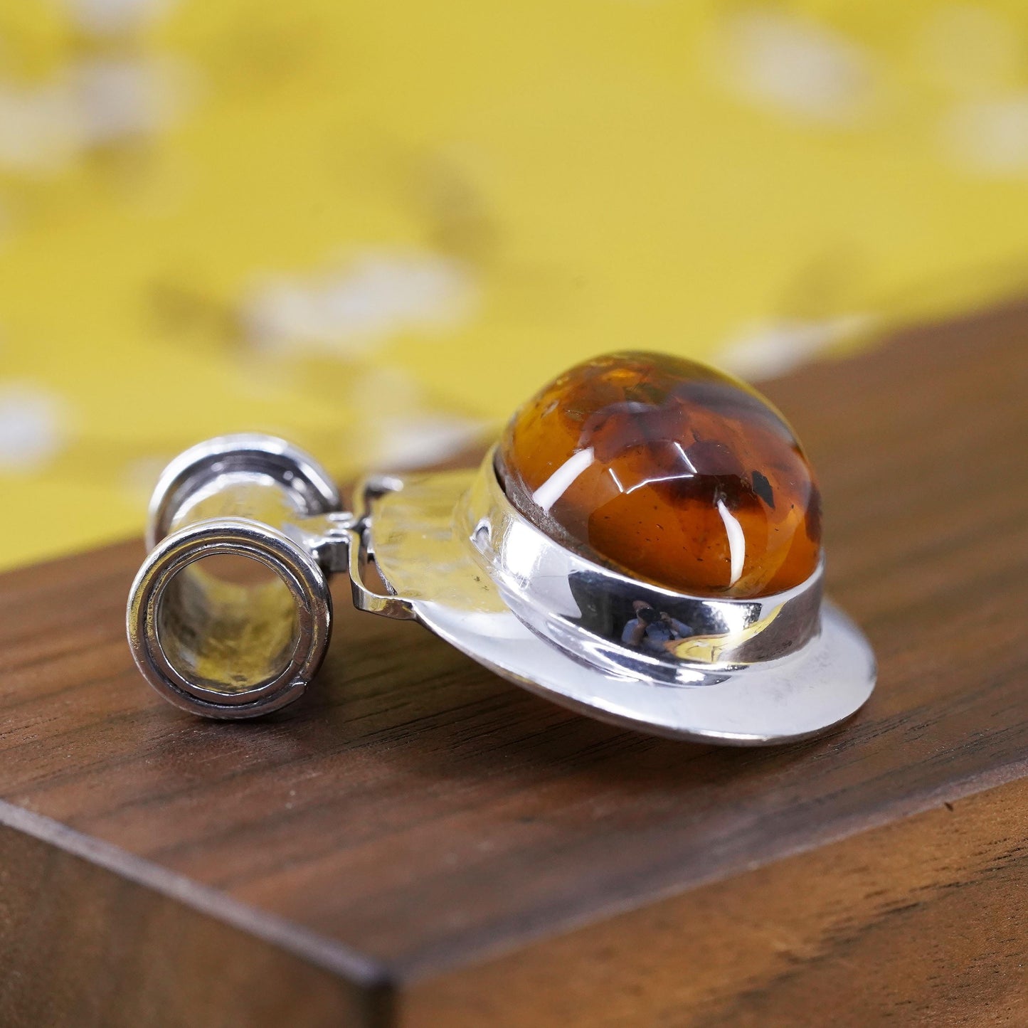 Vintage modern Sterling 925 silver handmade huge slide pendant amber pendant