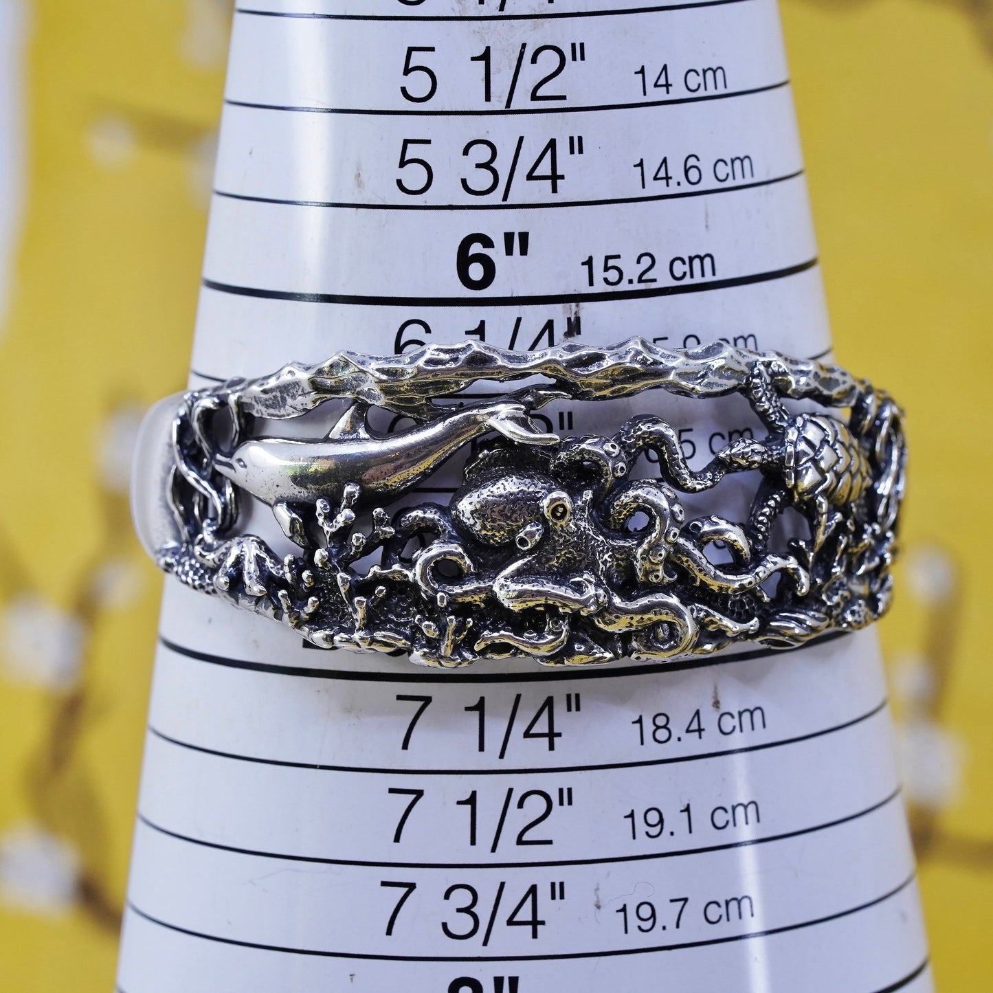 6.5", sterling silver SC bracelet, 925 sea animal octopus dolphin turtle cuff