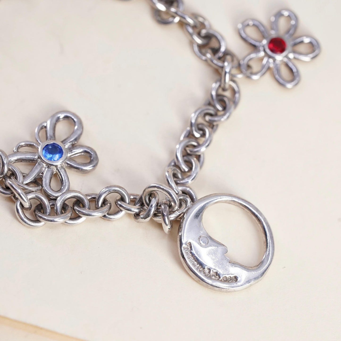 6.75”, Vintage sterling 925 silver circle bracelet with flower moon star charms