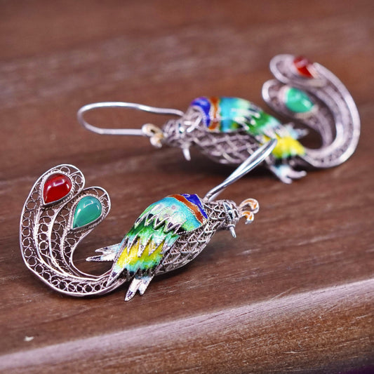 Sterling silver handmade earrings filigree 925 peacock drops w/ colorful enamel