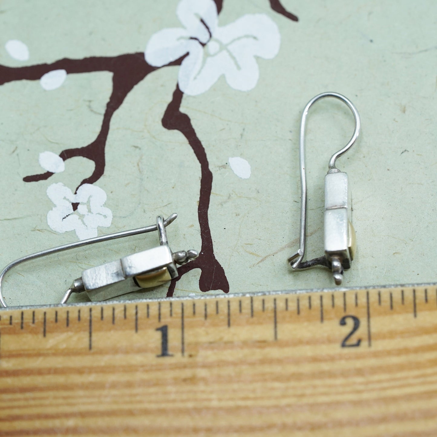 Vintage two tone Sterling 925 silver handmade earrings with 14K gold square