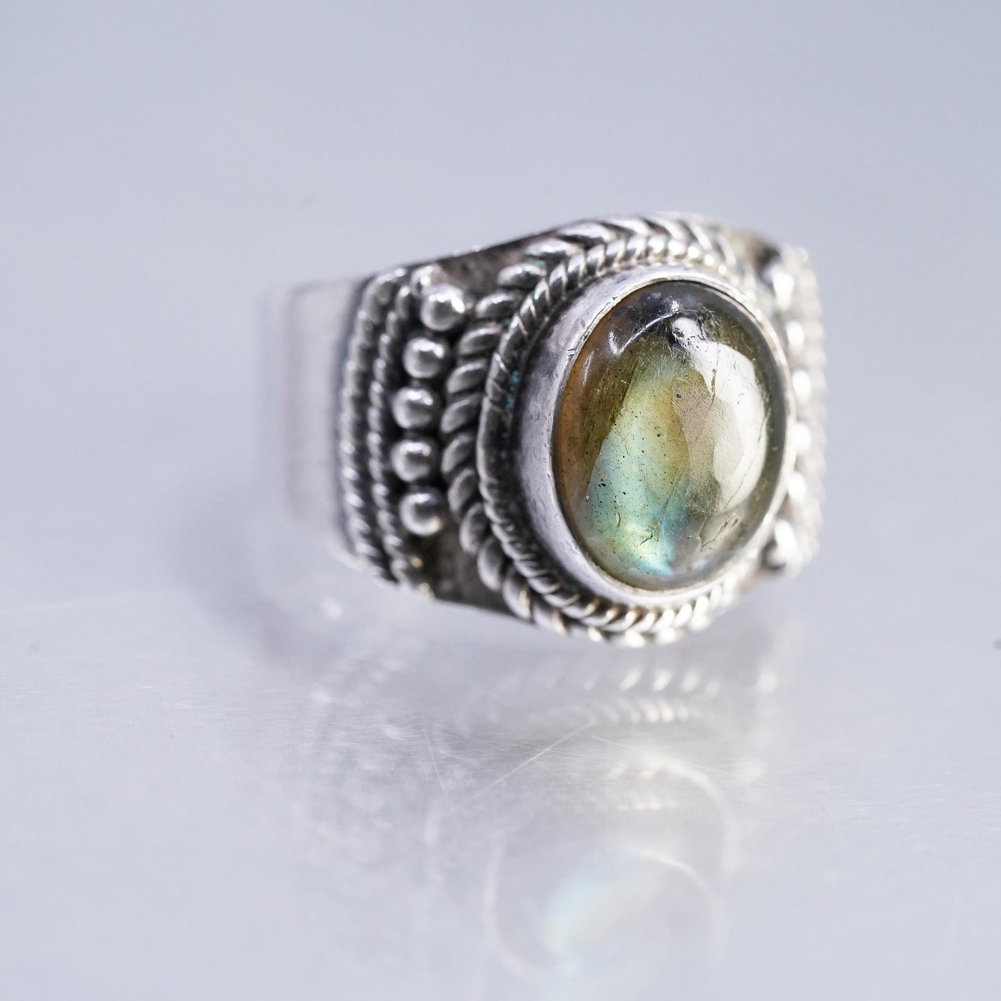 Sz 6.5, Vintage Sterling silver handmade ring, 925 band with Labradorite beads
