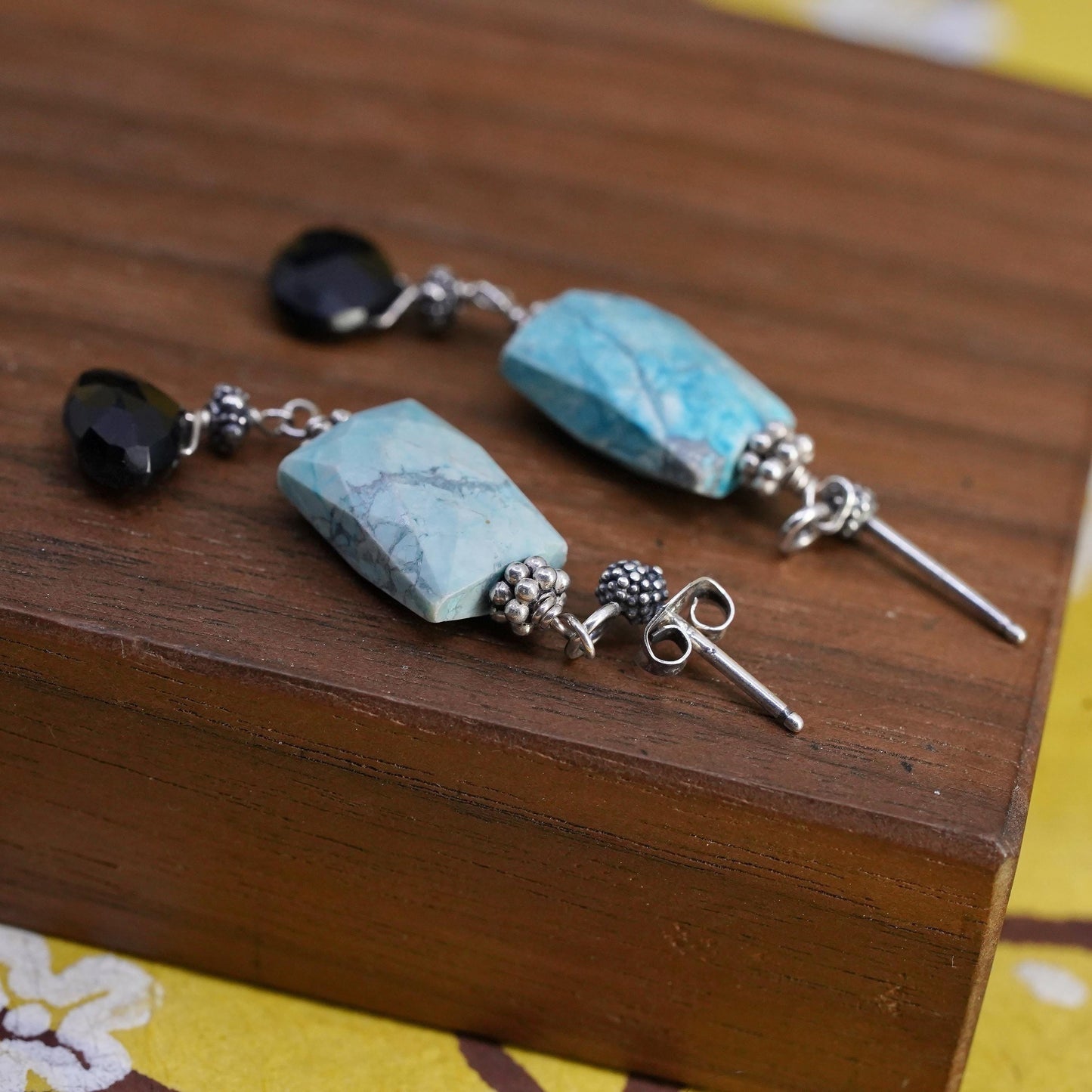 Southwestern Sterling 925 silver handmade earrings with turquoise and onyx