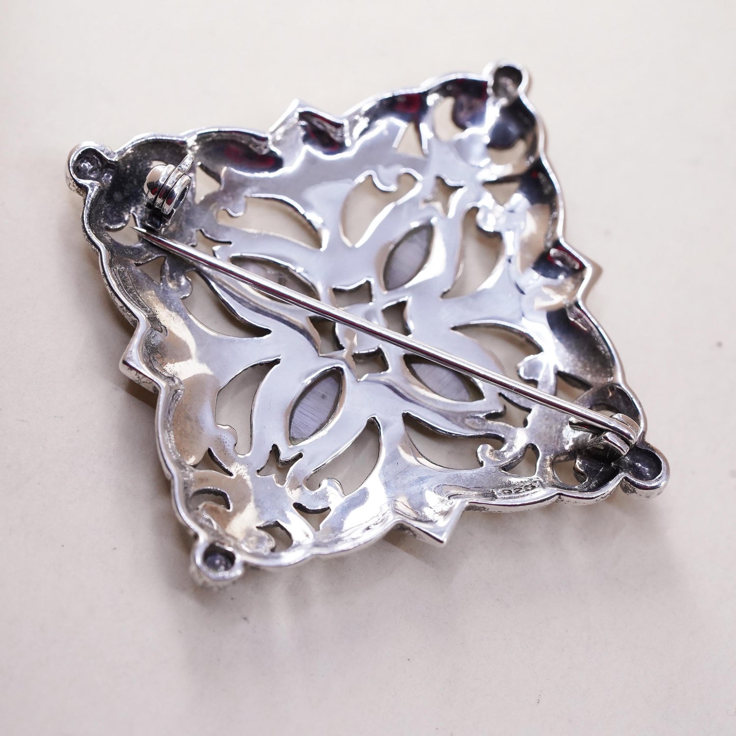 1.5”, Sterling silver brooch, 925 butterfly pendant mother of pearl marcasite