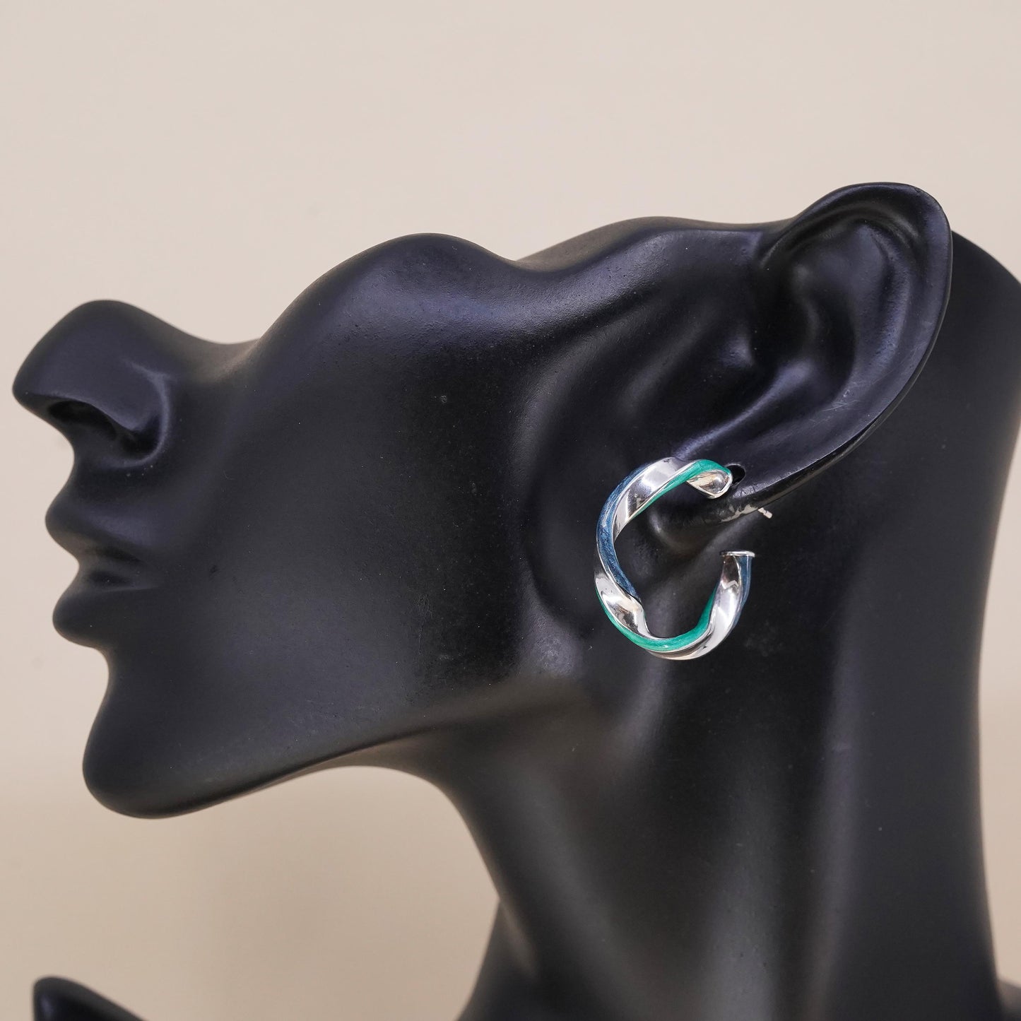 1.25", Vintage sterling silver loop single earring, twisted hoop green enamel