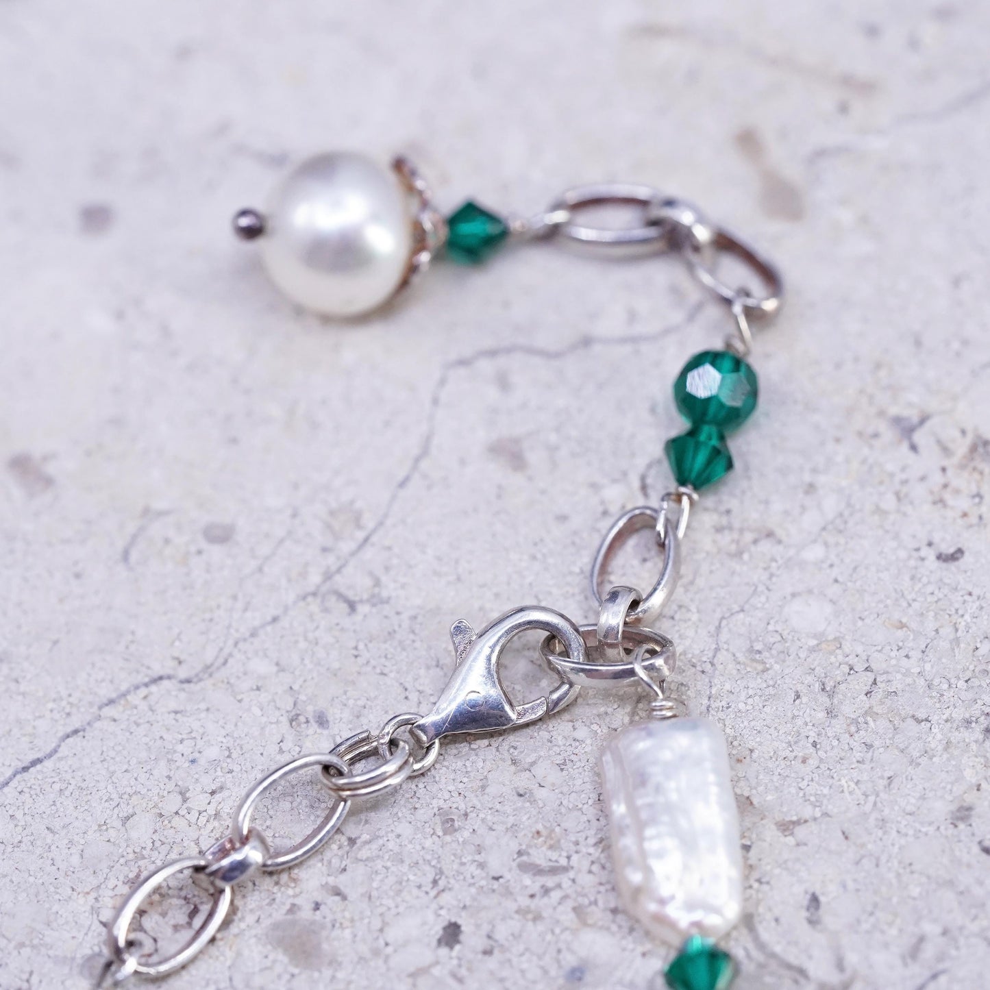 20" Sterling 925 silver necklace with freshwater pearl green crystal beads