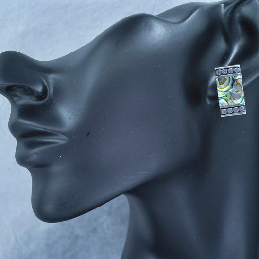 Vintage Sterling 925 silver handmade earrings, rectangular clip on with abalone