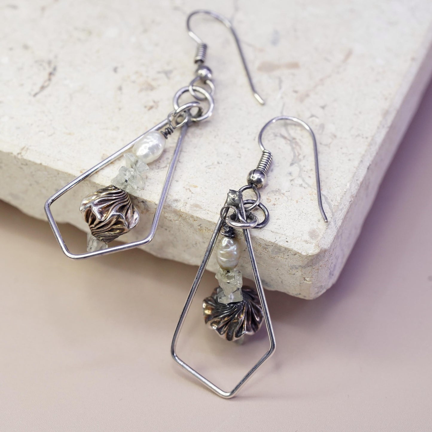 Vintage Sterling silver Handmade earrings, 925 teardrop dangled w/ pearl beads