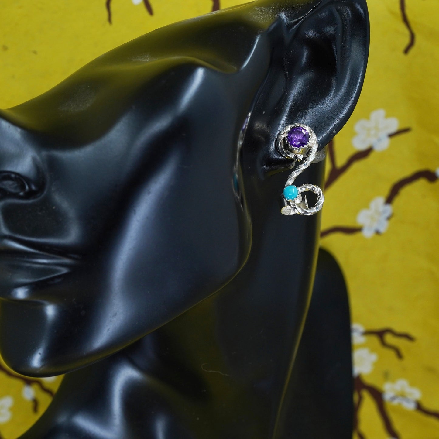 Sterling Silver Native American Earrings, 925 swirly studs turquoise amethyst