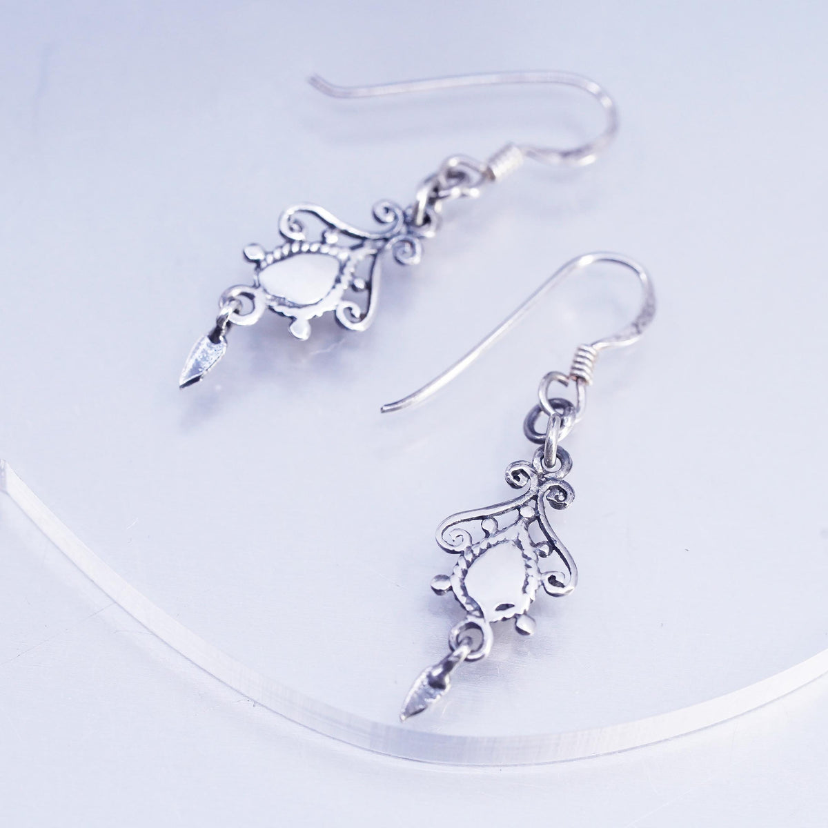 Vintage Sterling 925 Silver Filigree Teardrop Shaped Earrings Mother of Pearl