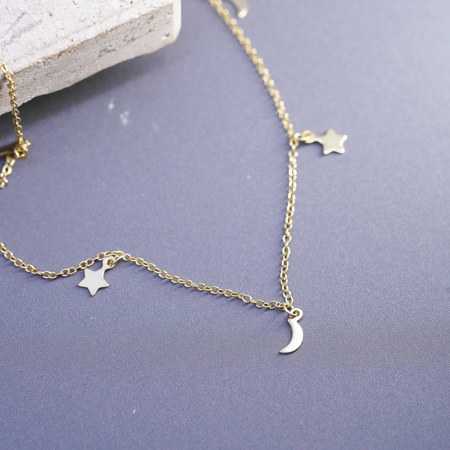 12+3", vermeil gold Sterling silver necklace, 925 circle chain moon star charms
