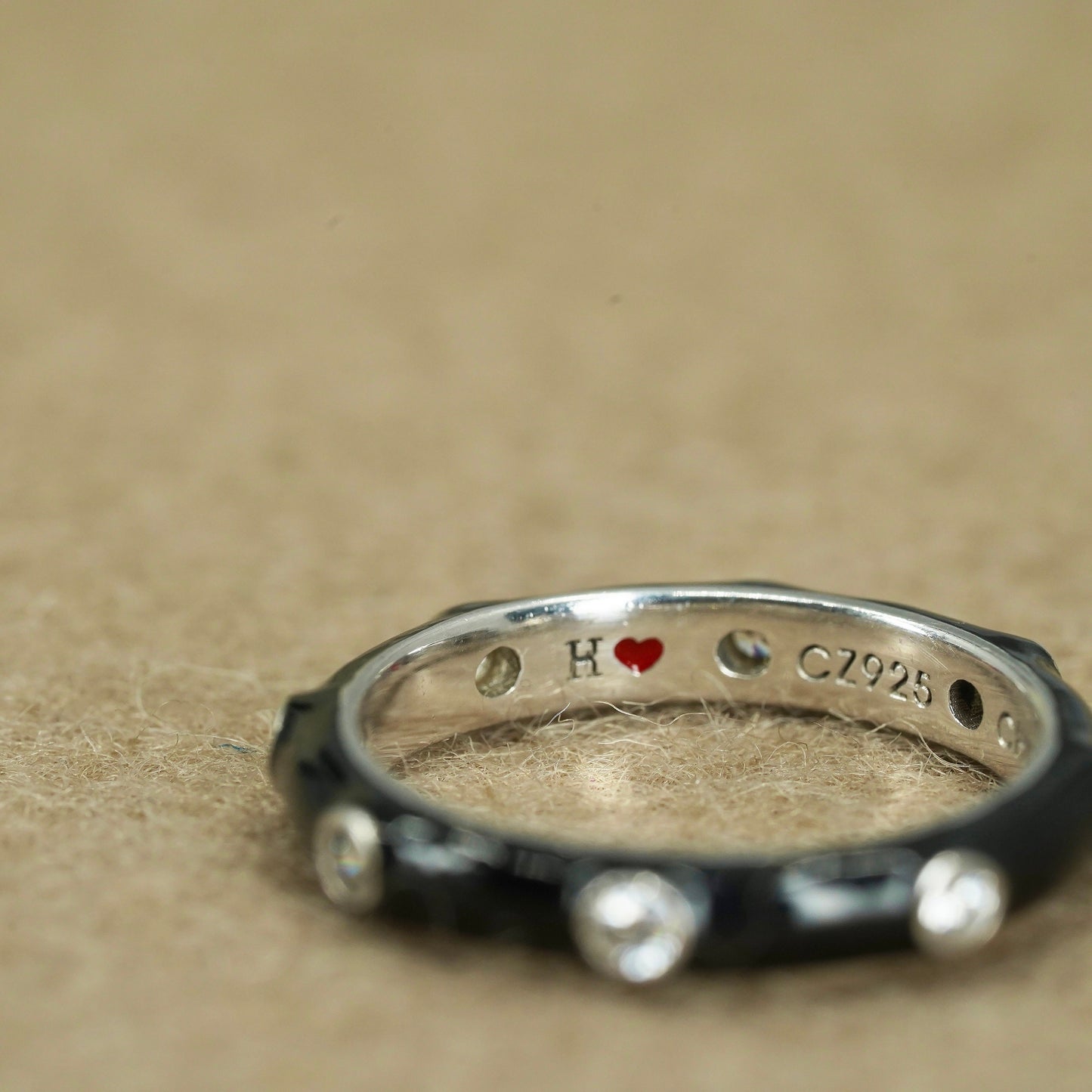 Size 7.25, vintage Sterling 925 silver handmade ring, black enamel band with cz
